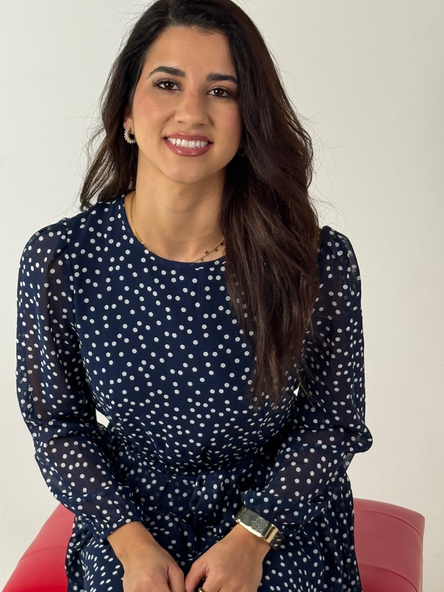 Dot Print Lantern Sleeve Belted Midi Dress - Navy