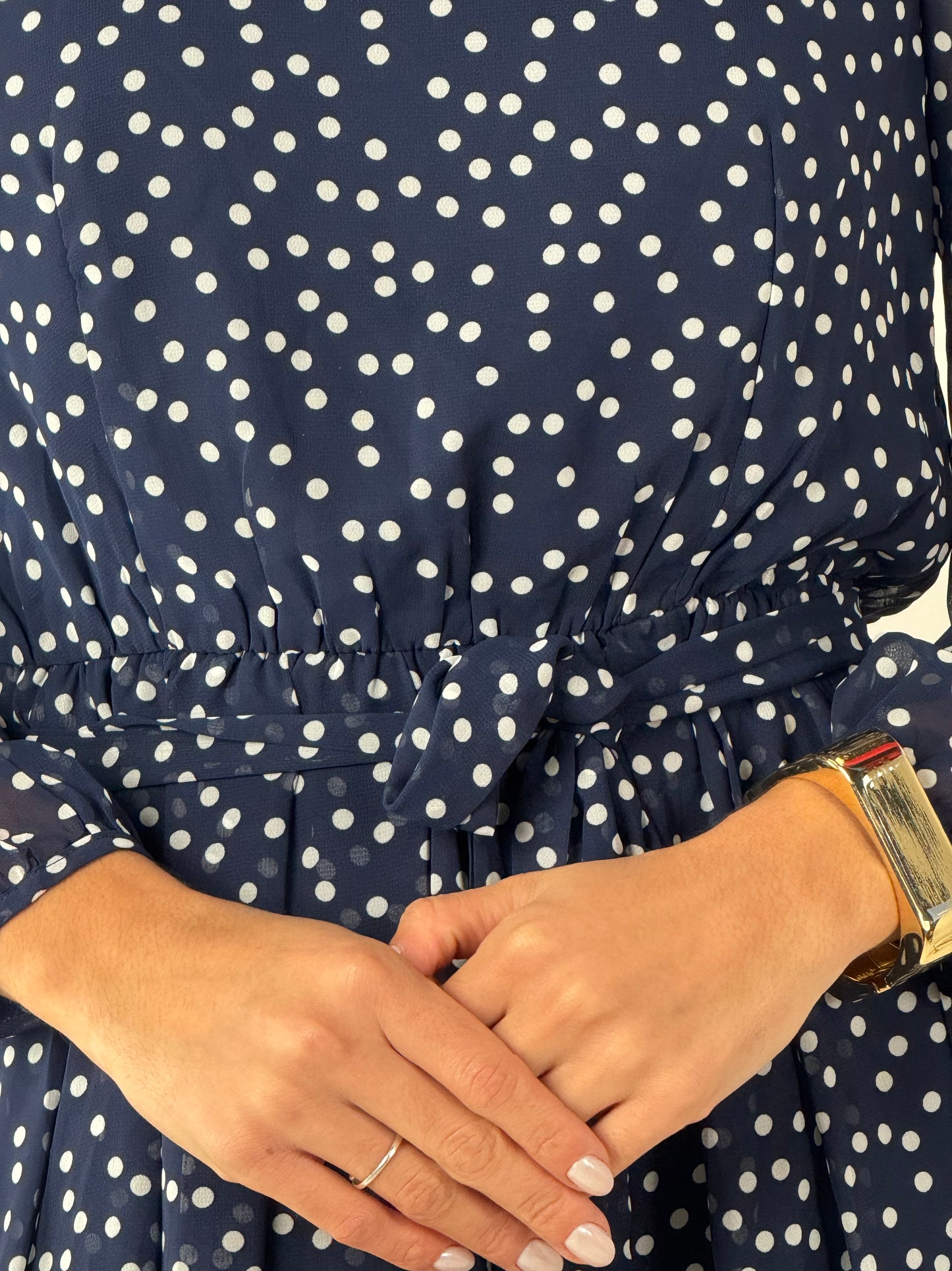 Dot Print Lantern Sleeve Belted Midi Dress - Navy