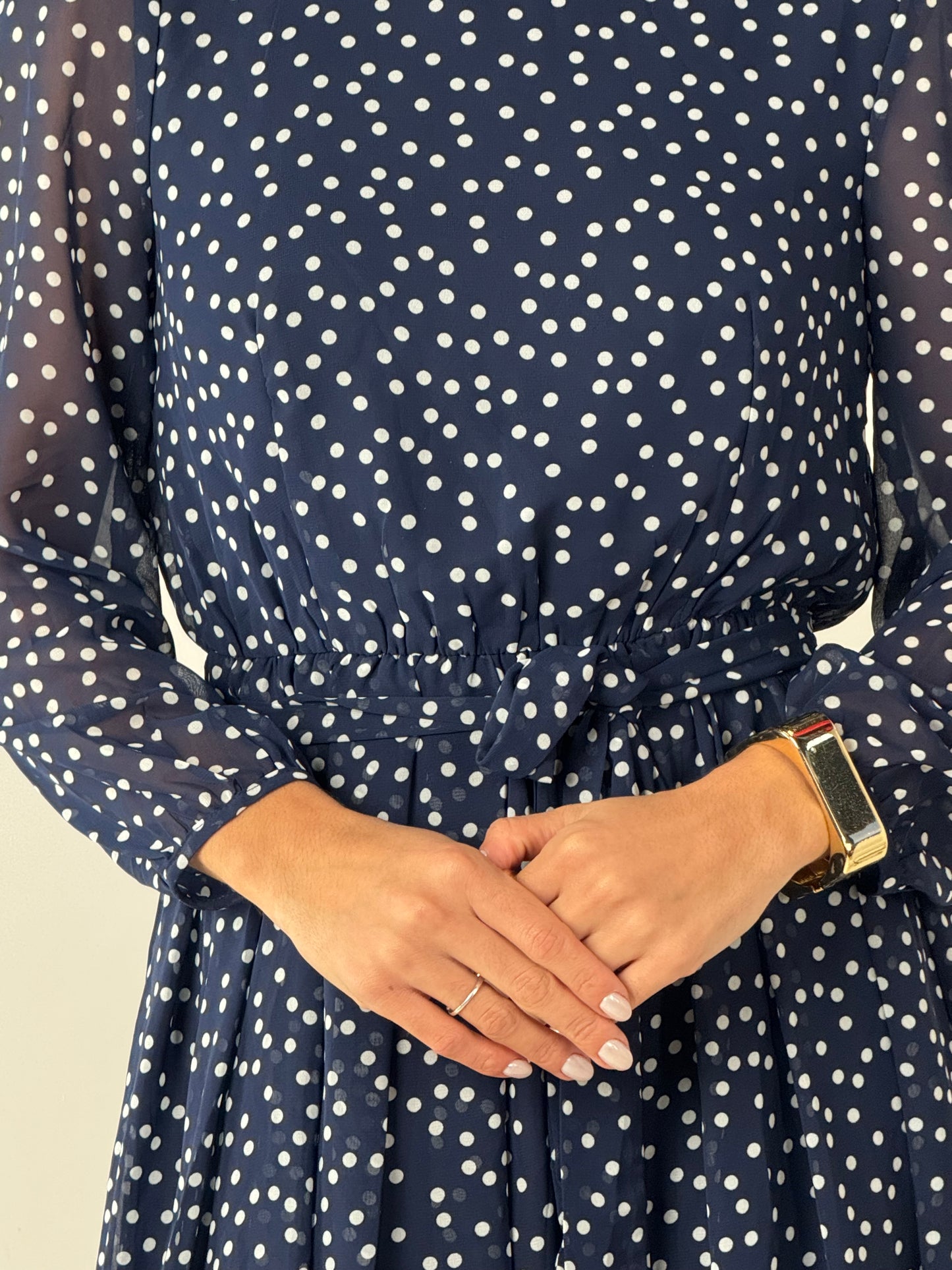 Dot Print Lantern Sleeve Belted Midi Dress - Navy