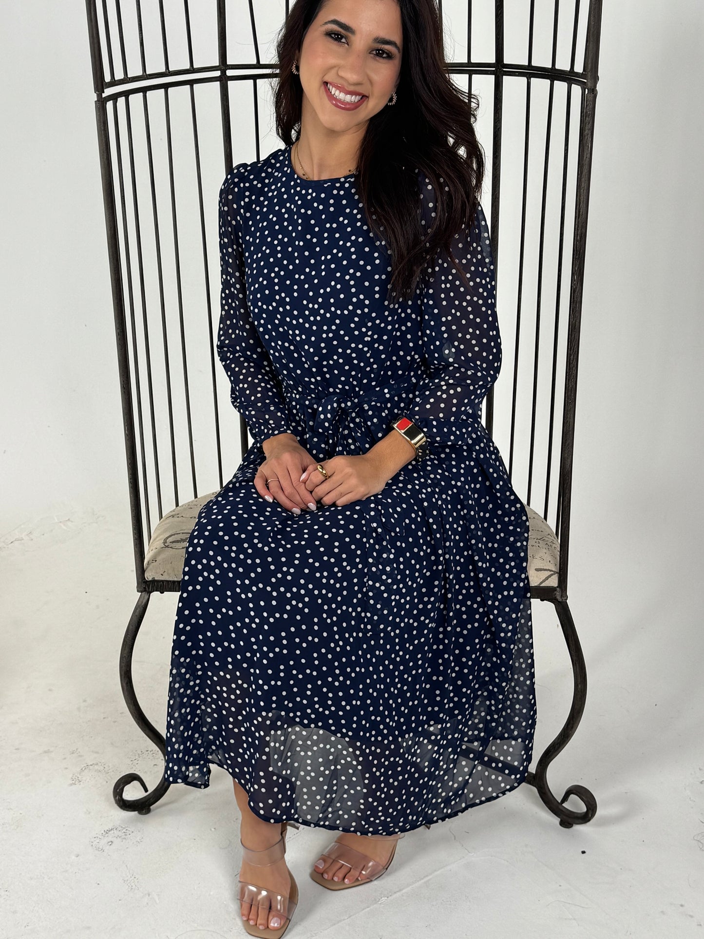 Dot Print Lantern Sleeve Belted Midi Dress - Navy