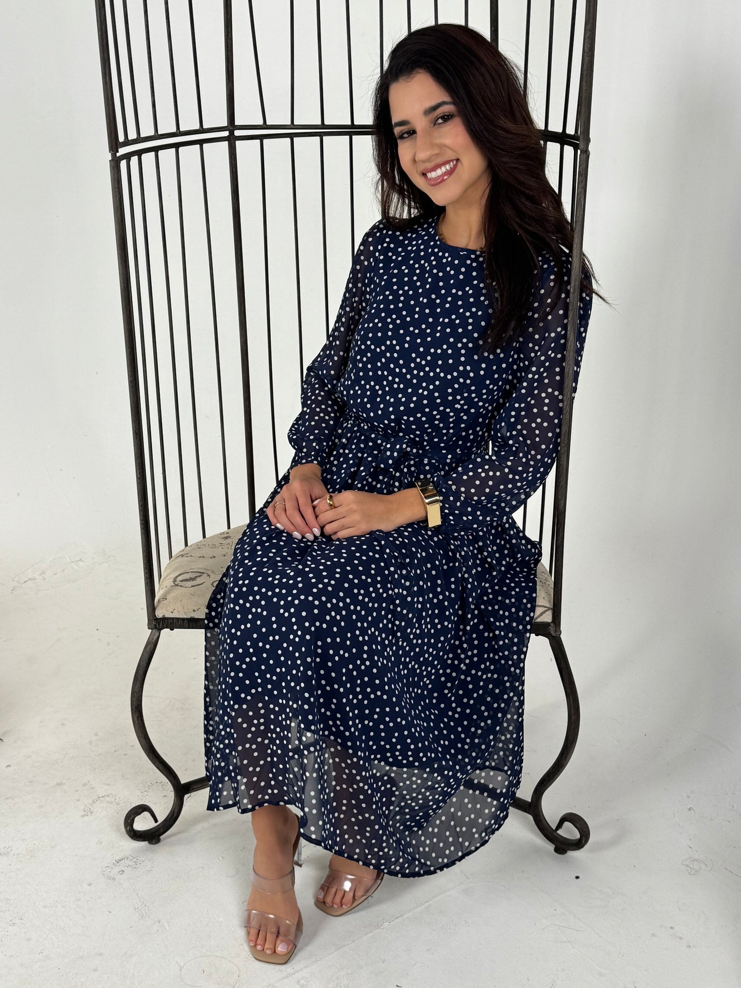 Dot Print Lantern Sleeve Belted Midi Dress - Navy