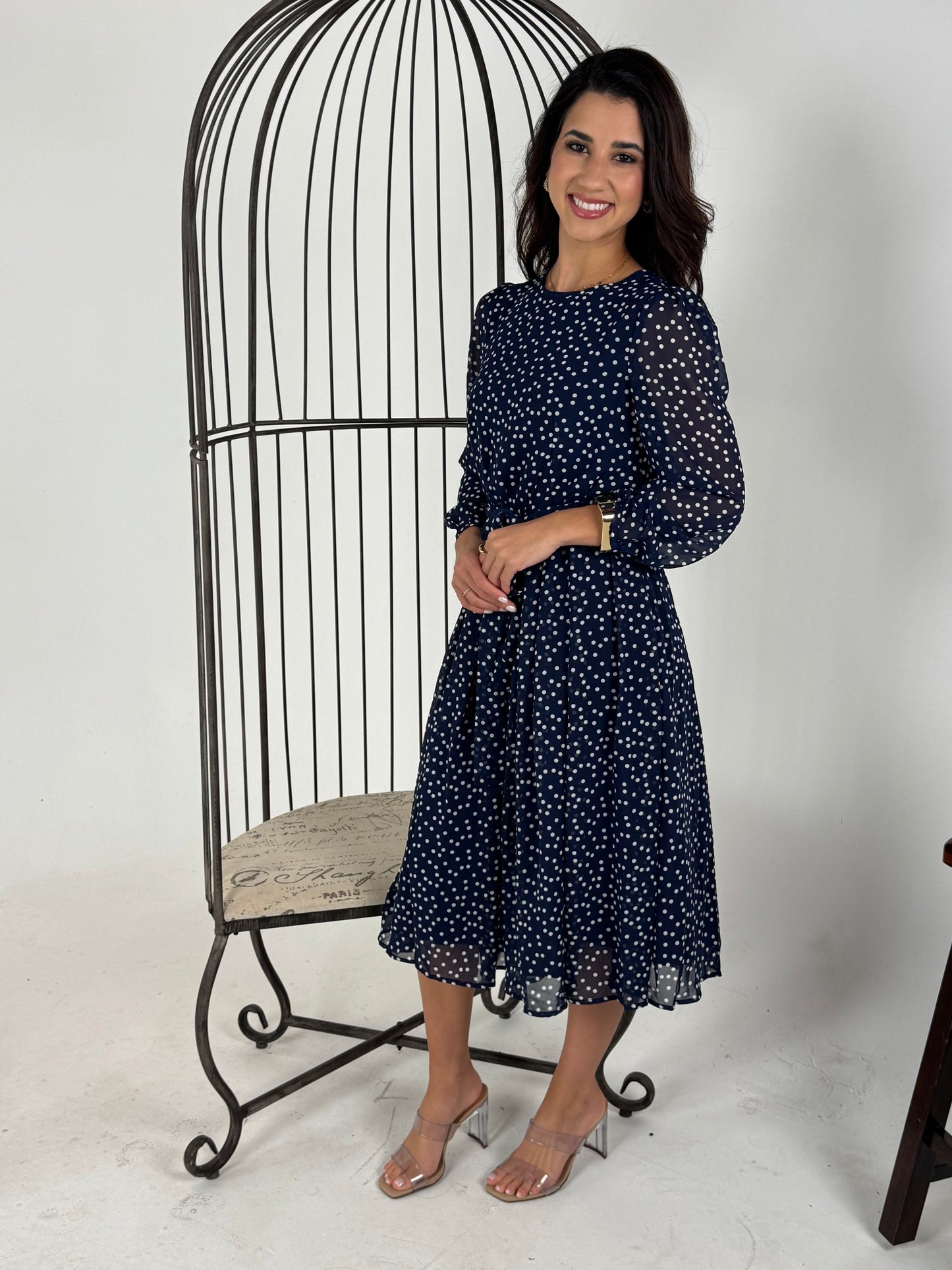 Dot Print Lantern Sleeve Belted Midi Dress - Navy