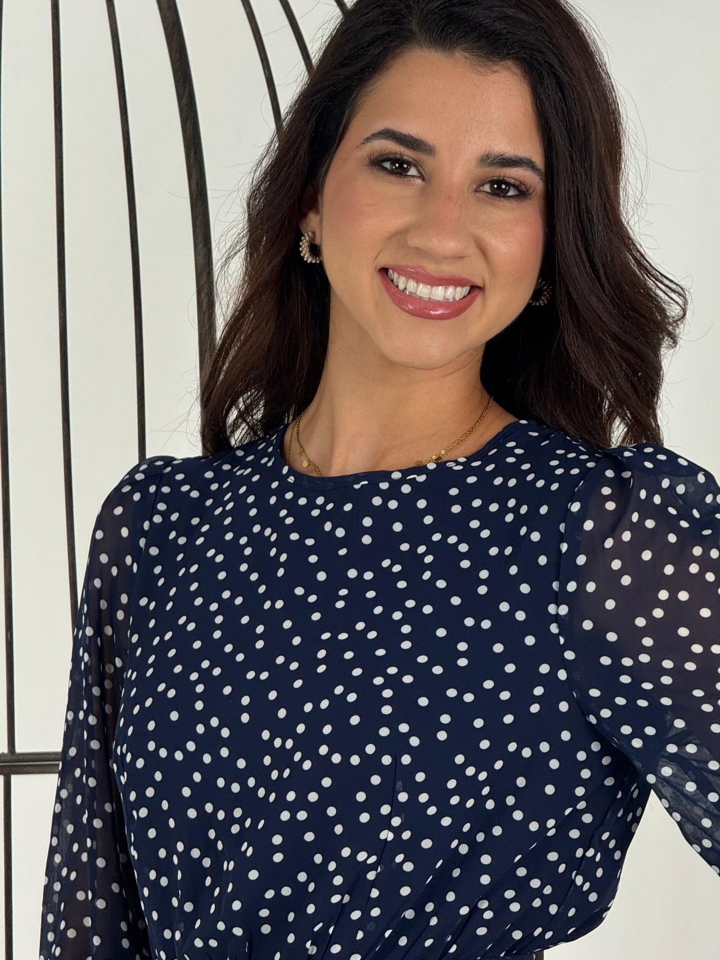 Dot Print Lantern Sleeve Belted Midi Dress - Navy