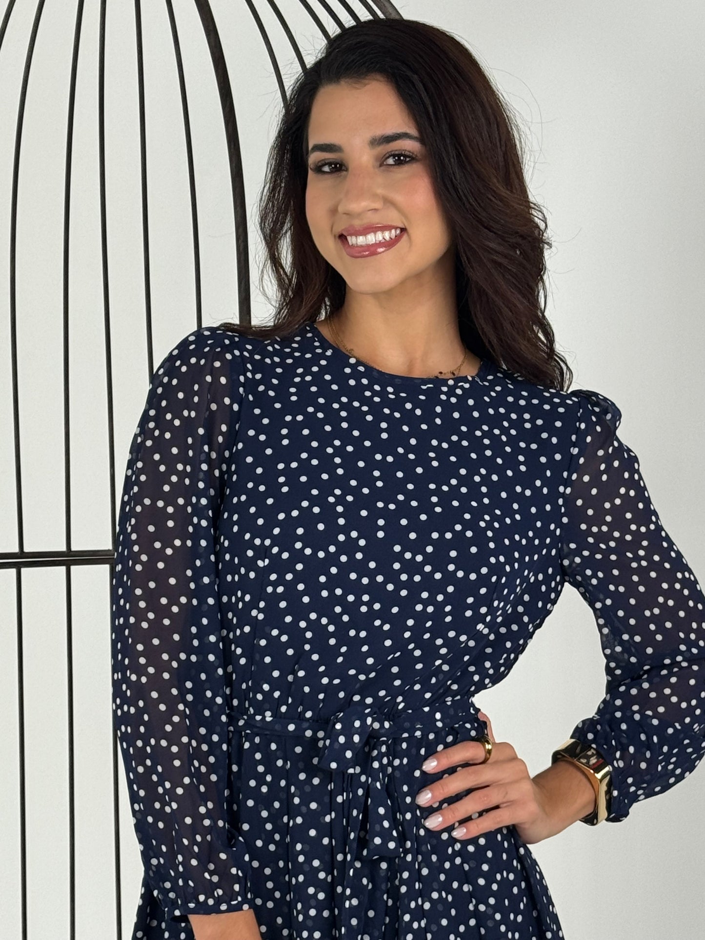 Dot Print Lantern Sleeve Belted Midi Dress - Navy