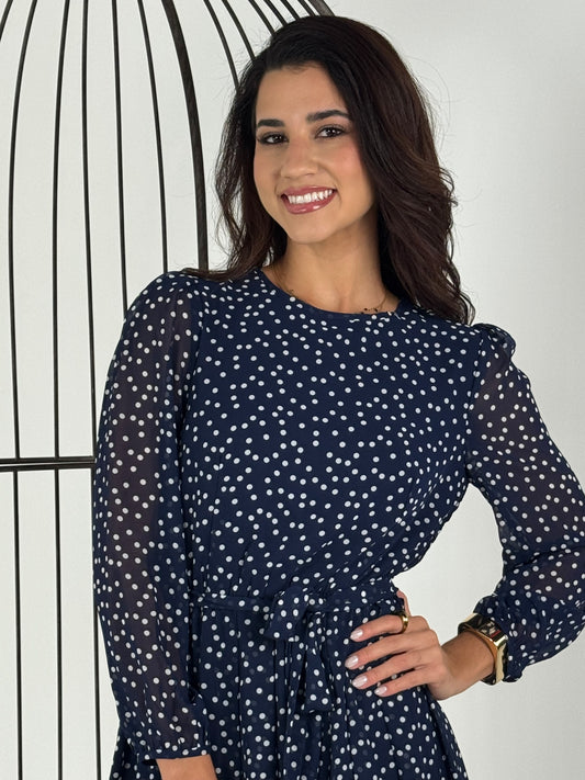 Dot Print Lantern Sleeve Belted Midi Dress - Navy