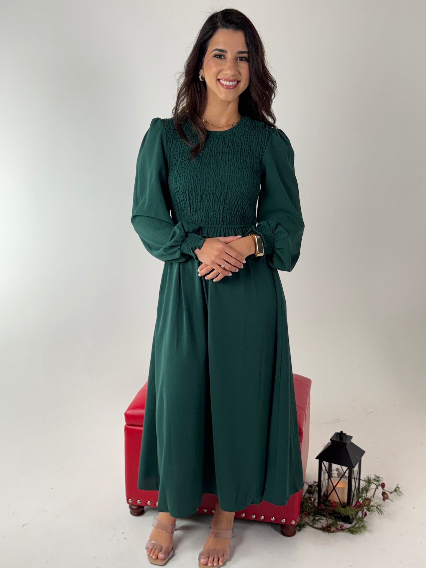 Elegant Green Long Sleeve Smocked Waist Midi Dress