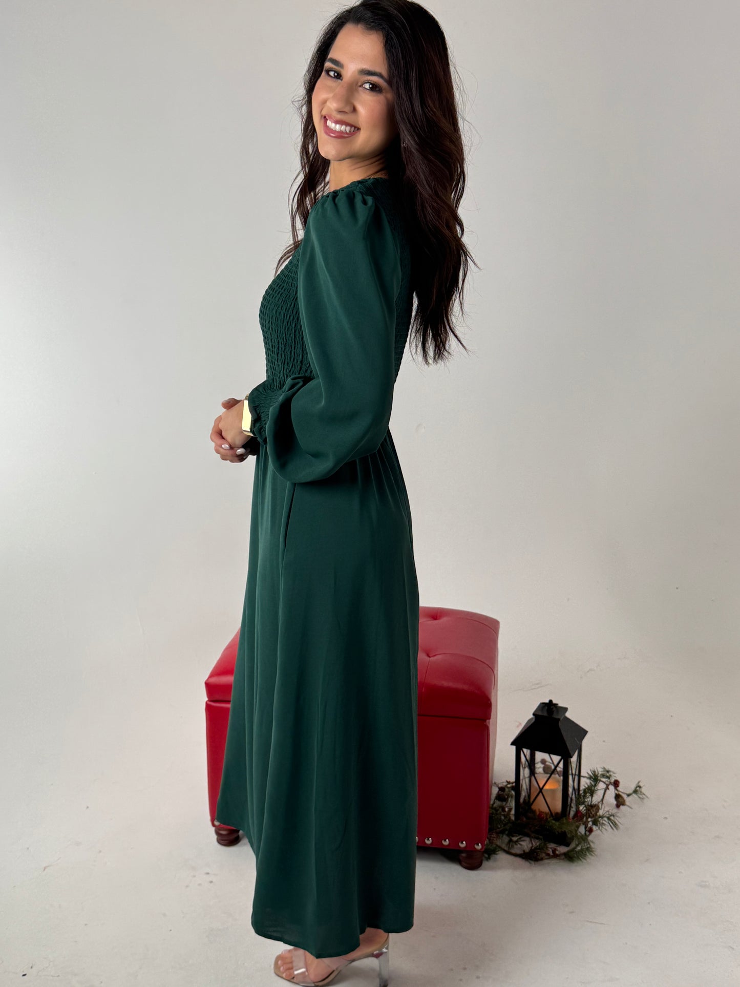 Elegant Green Long Sleeve Smocked Waist Midi Dress