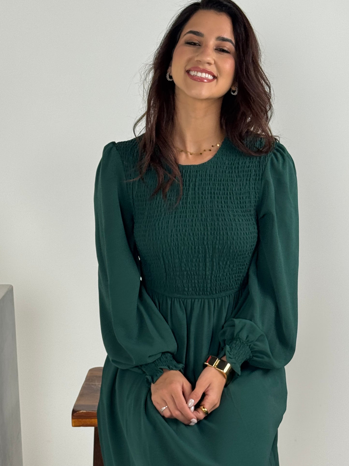 Elegant Green Long Sleeve Smocked Waist Midi Dress