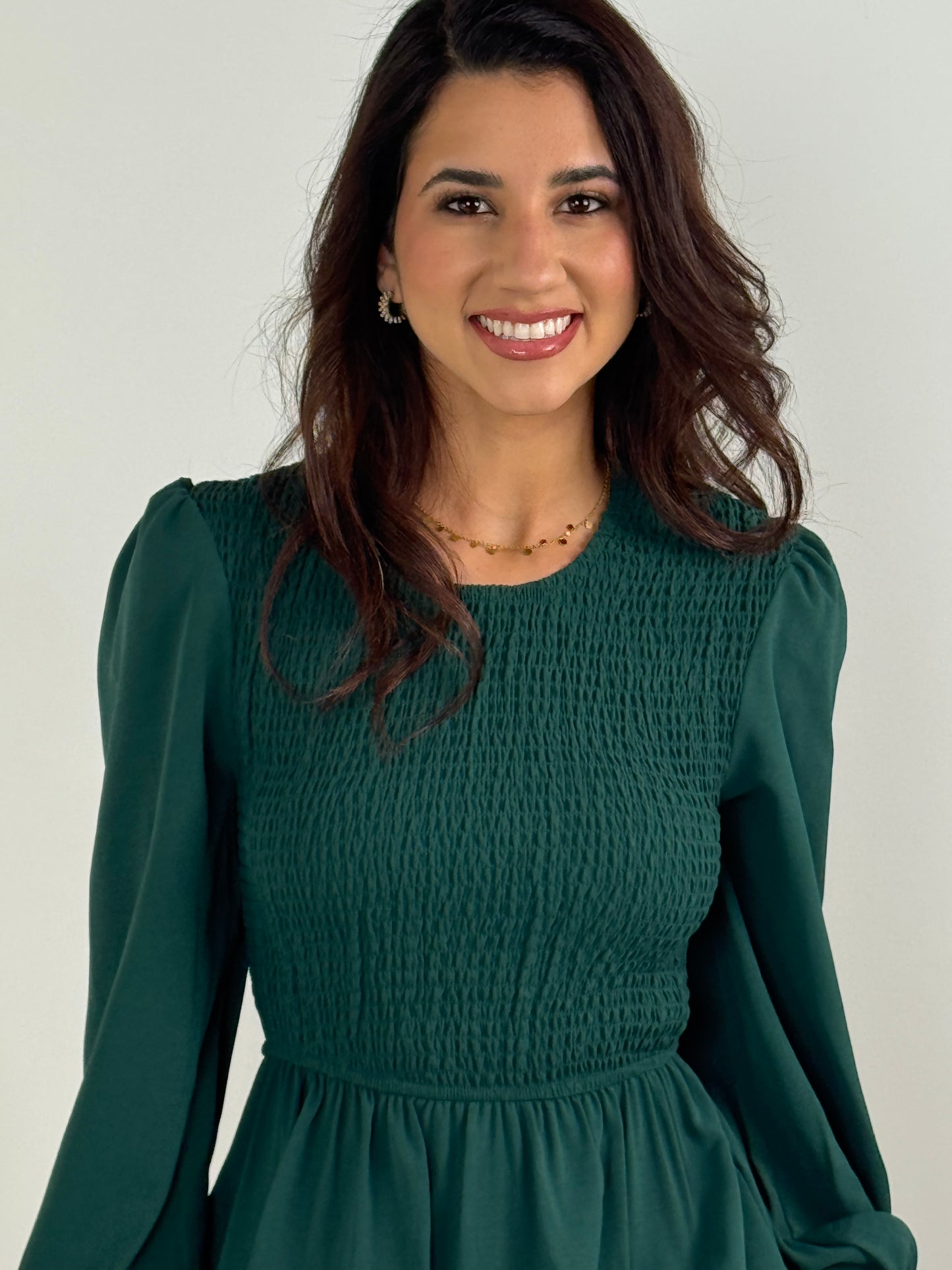 Elegant Green Long Sleeve Smocked Waist Midi Dress