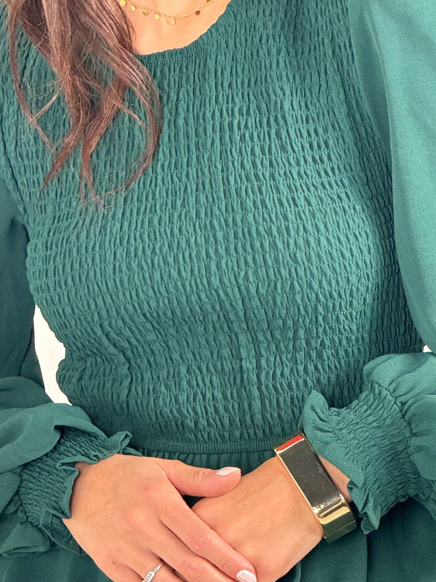 Elegant Green Long Sleeve Smocked Waist Midi Dress