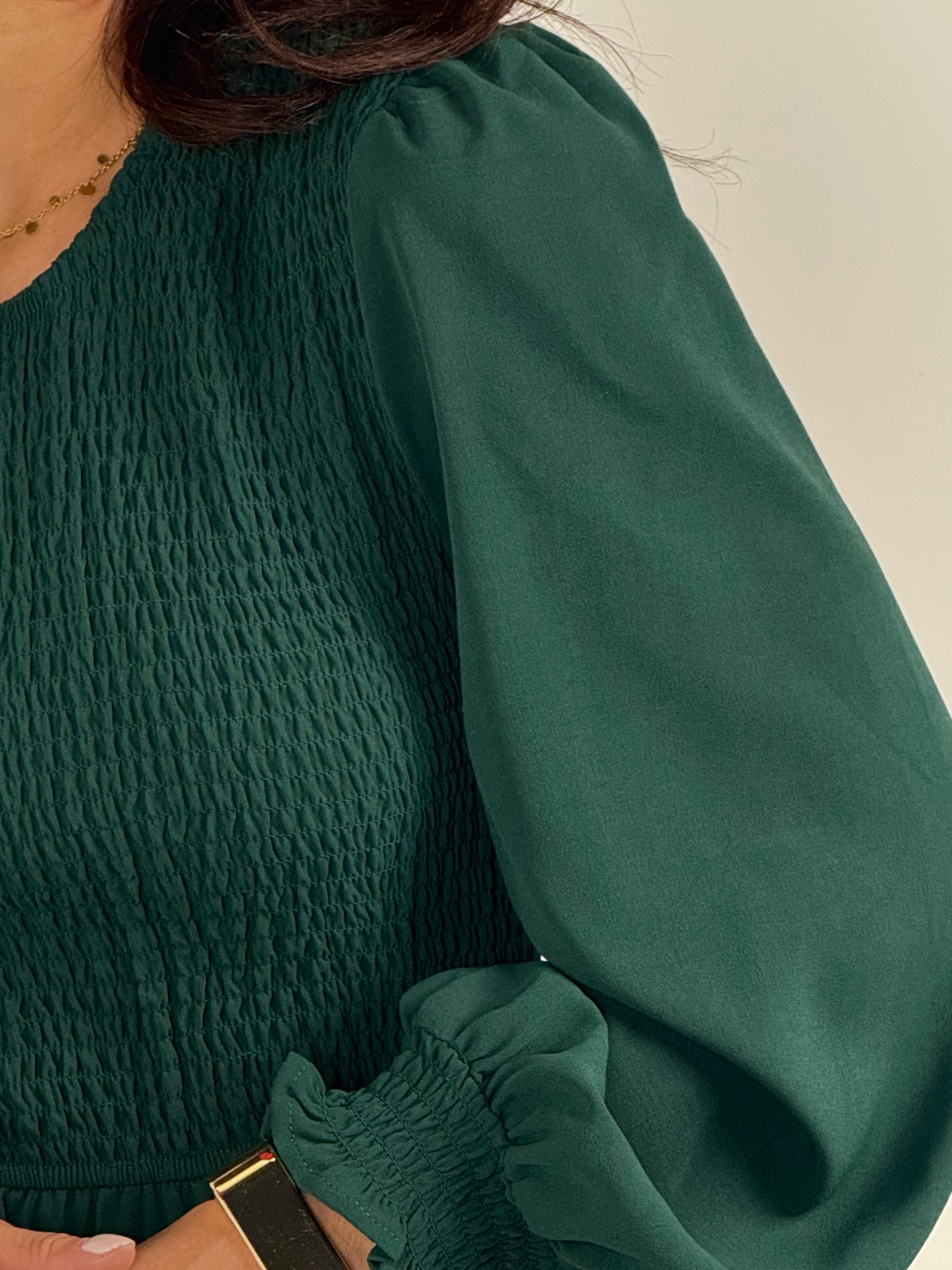 Elegant Green Long Sleeve Smocked Waist Midi Dress