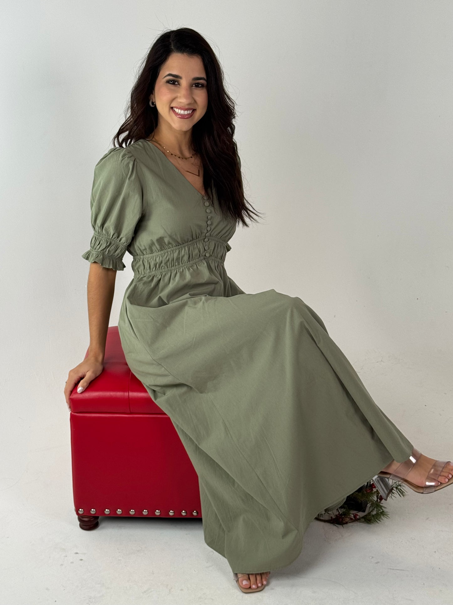 Fitted At Bodice with An A Line Maxi Dress - Vintage Olive