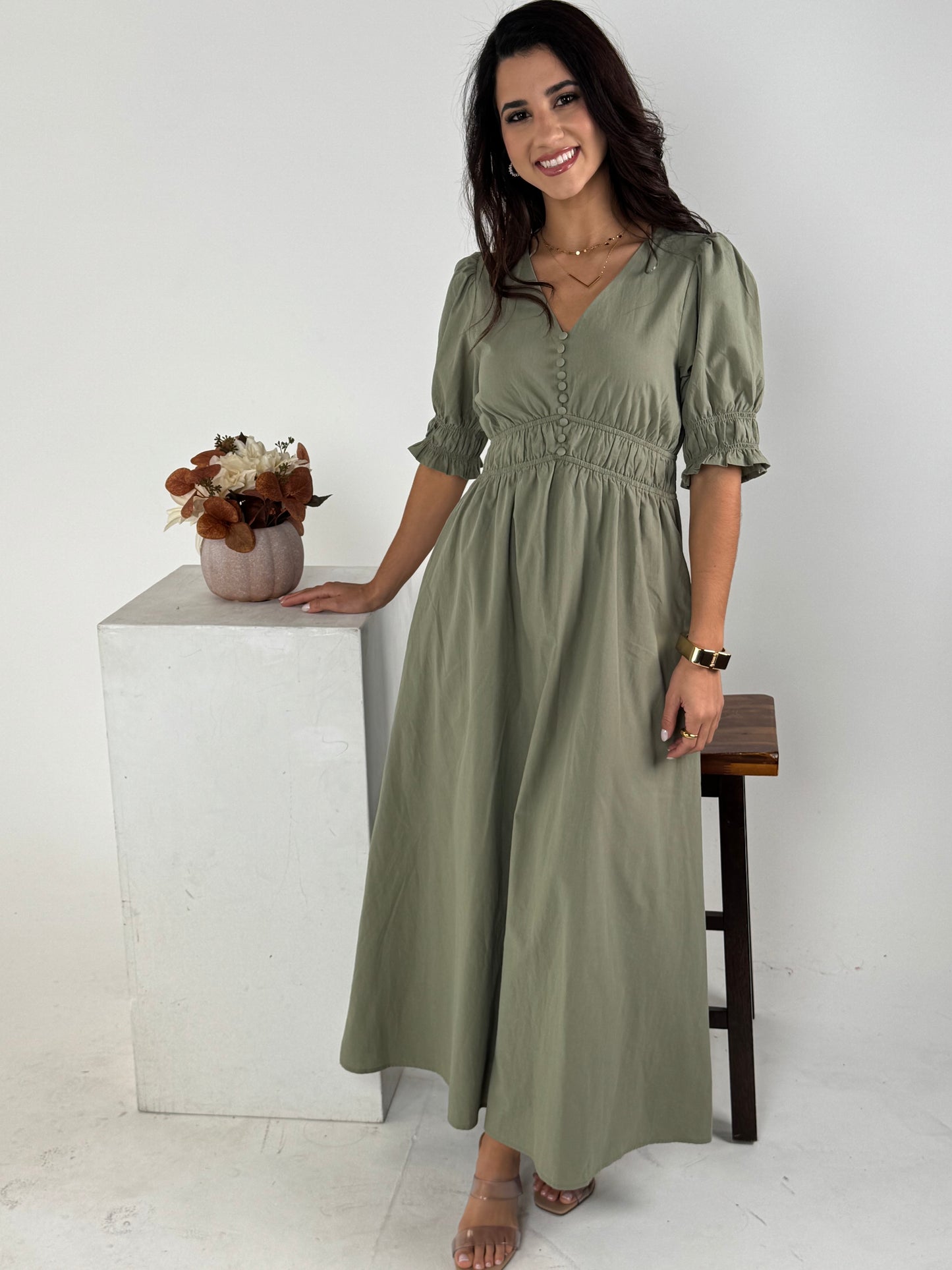 Fitted At Bodice with An A Line Maxi Dress - Vintage Olive