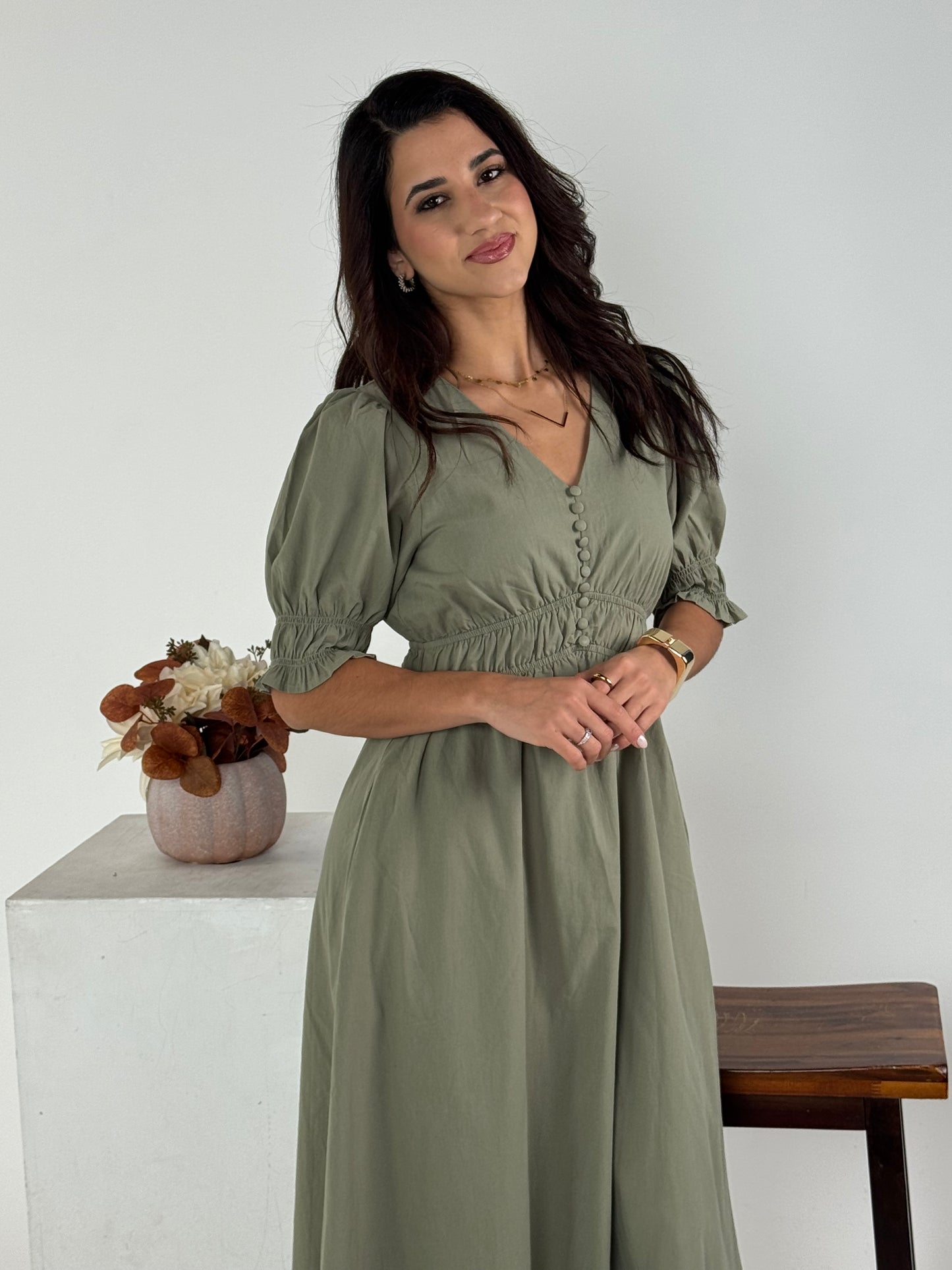 Fitted At Bodice with An A Line Maxi Dress - Vintage Olive