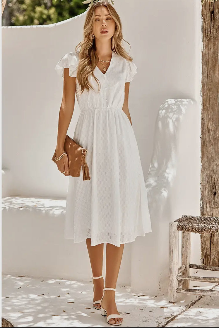 V Neck Short Sleeve Solid Ruffle A Line Midi Dress - Blue and White