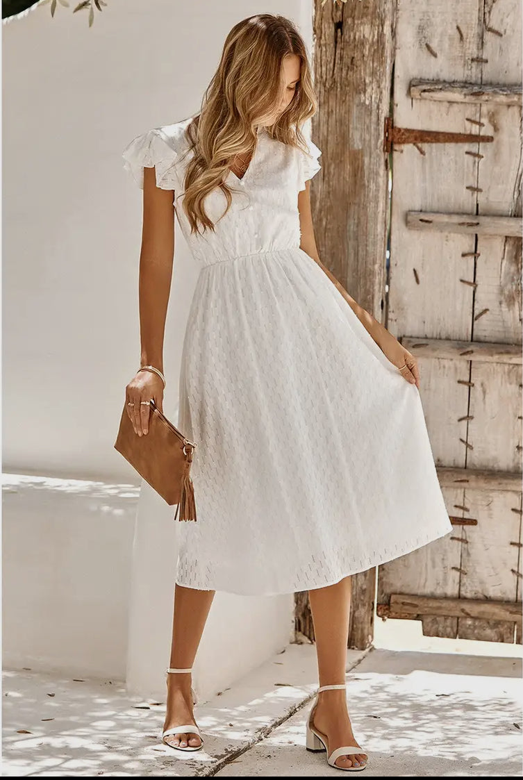 V Neck Short Sleeve Solid Ruffle A Line Midi Dress - Blue and White