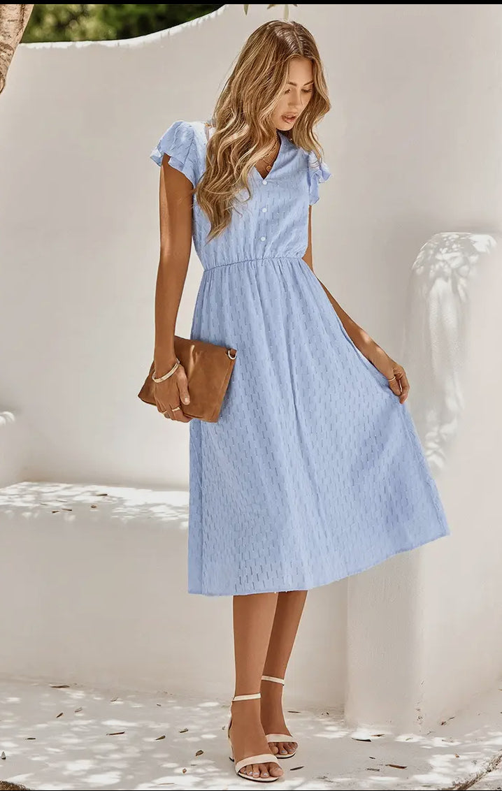V Neck Short Sleeve Solid Ruffle A Line Midi Dress - Blue and White