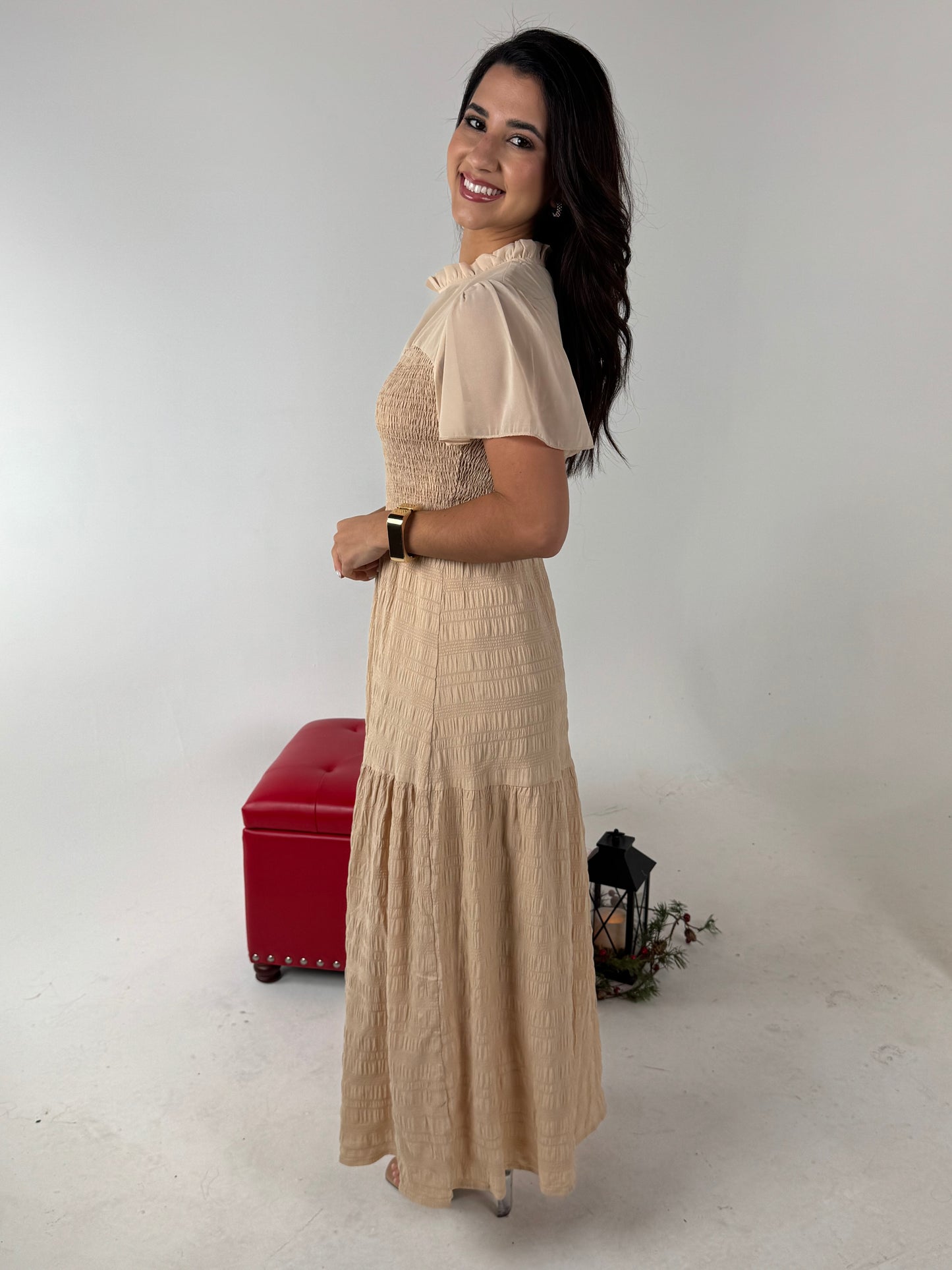 Ruffle Sleeve and Hem Top Shirred Crew Neck Dress - Khaki