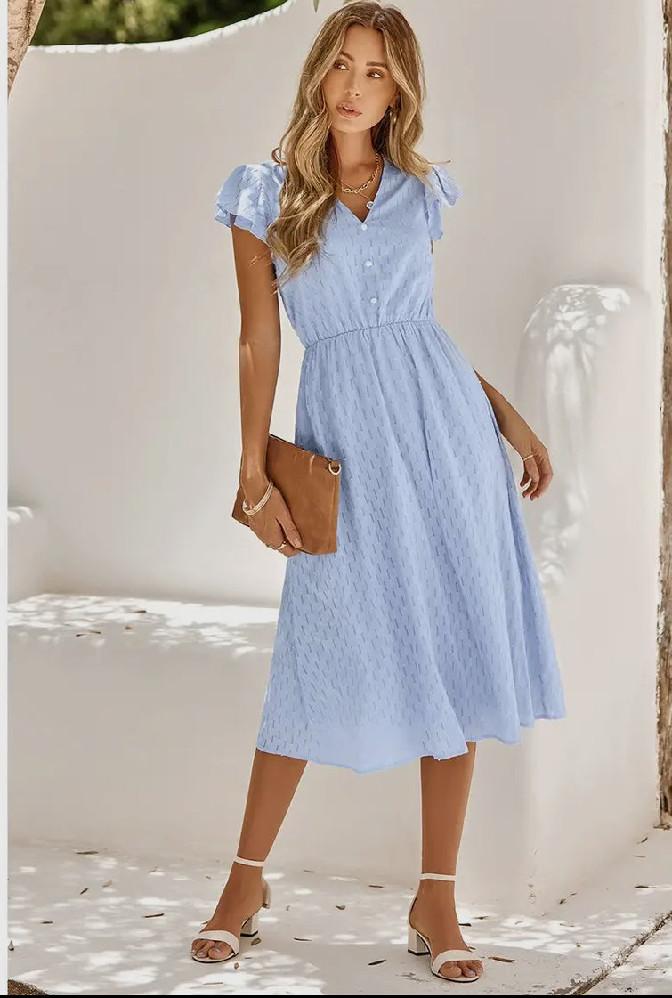 V Neck Short Sleeve Solid Ruffle A Line Midi Dress - Blue and White