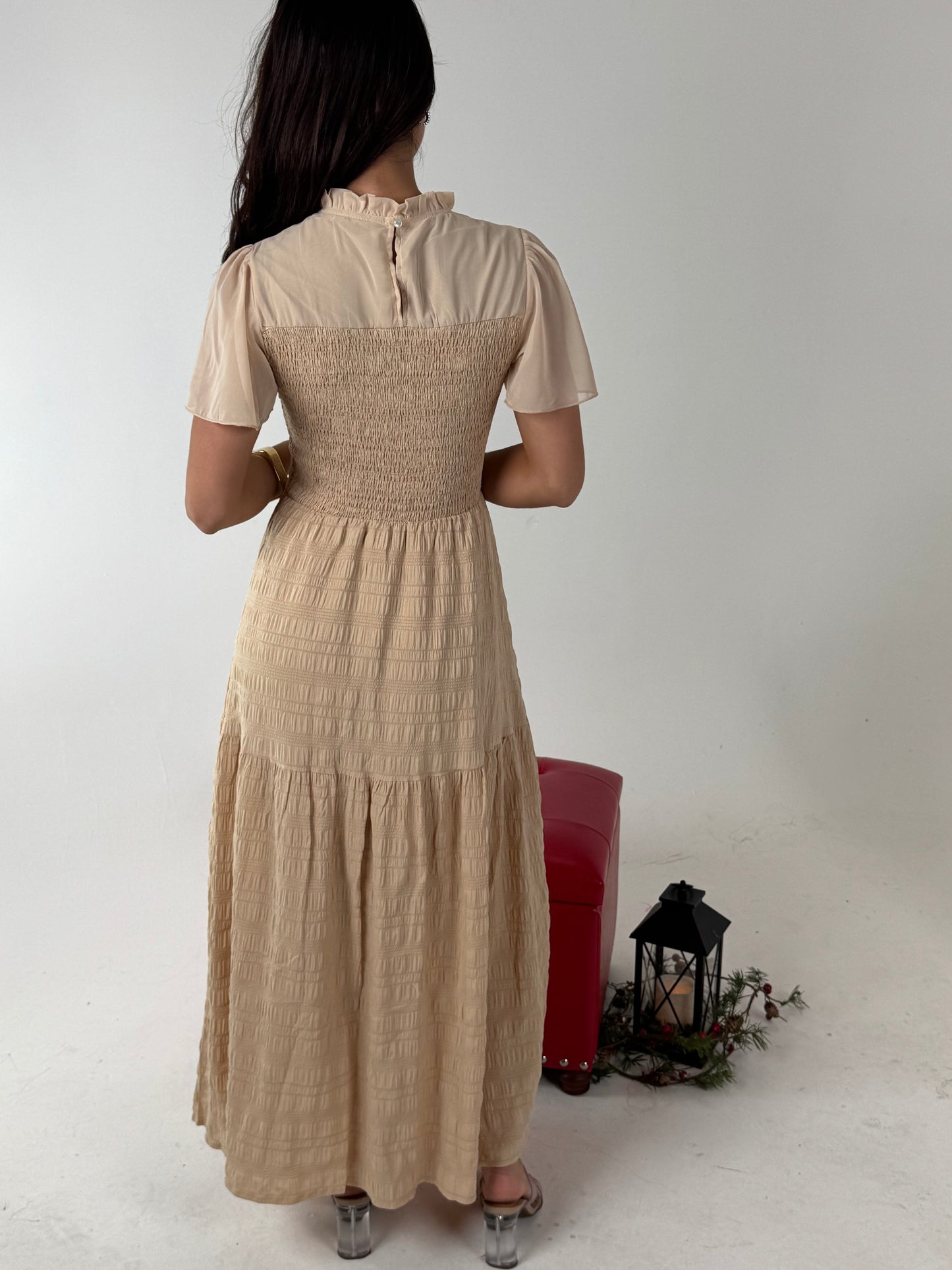 Ruffle Sleeve and Hem Top Shirred Crew Neck Dress - Khaki