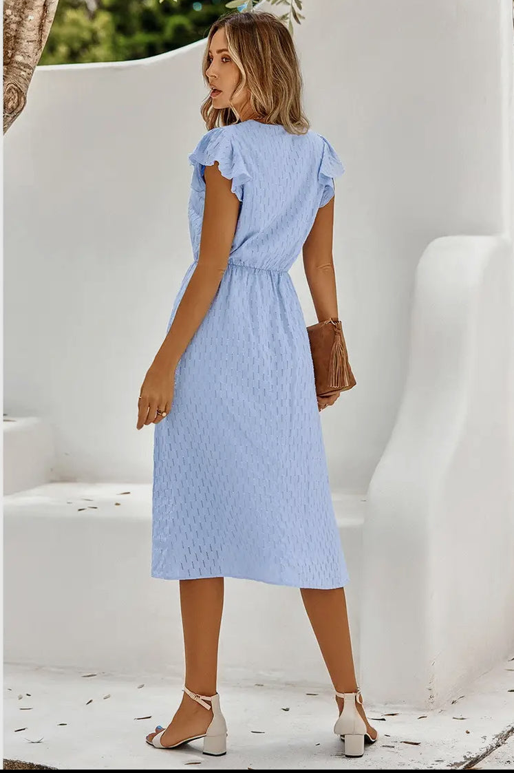 V Neck Short Sleeve Solid Ruffle A Line Midi Dress - Blue and White