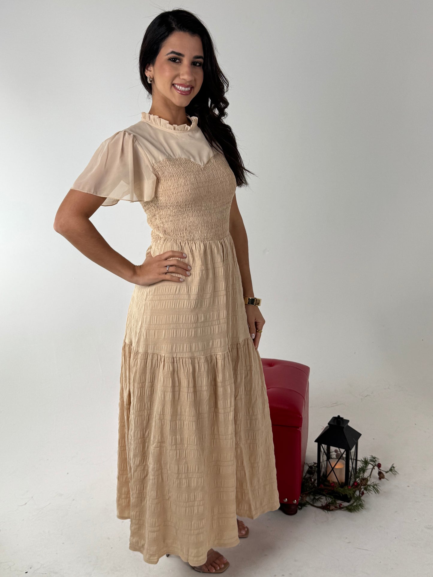 Ruffle Sleeve and Hem Top Shirred Crew Neck Dress - Khaki