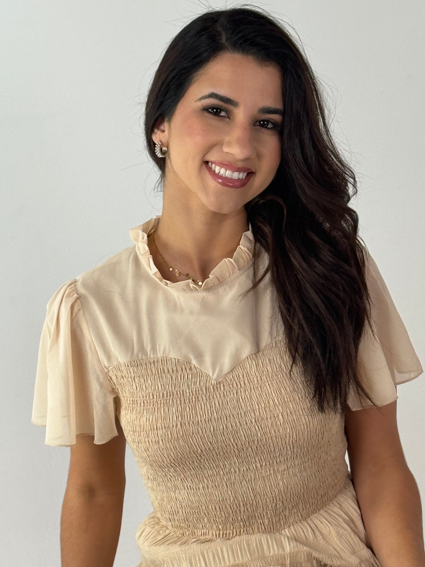 Ruffle Sleeve and Hem Top Shirred Crew Neck Dress - Khaki