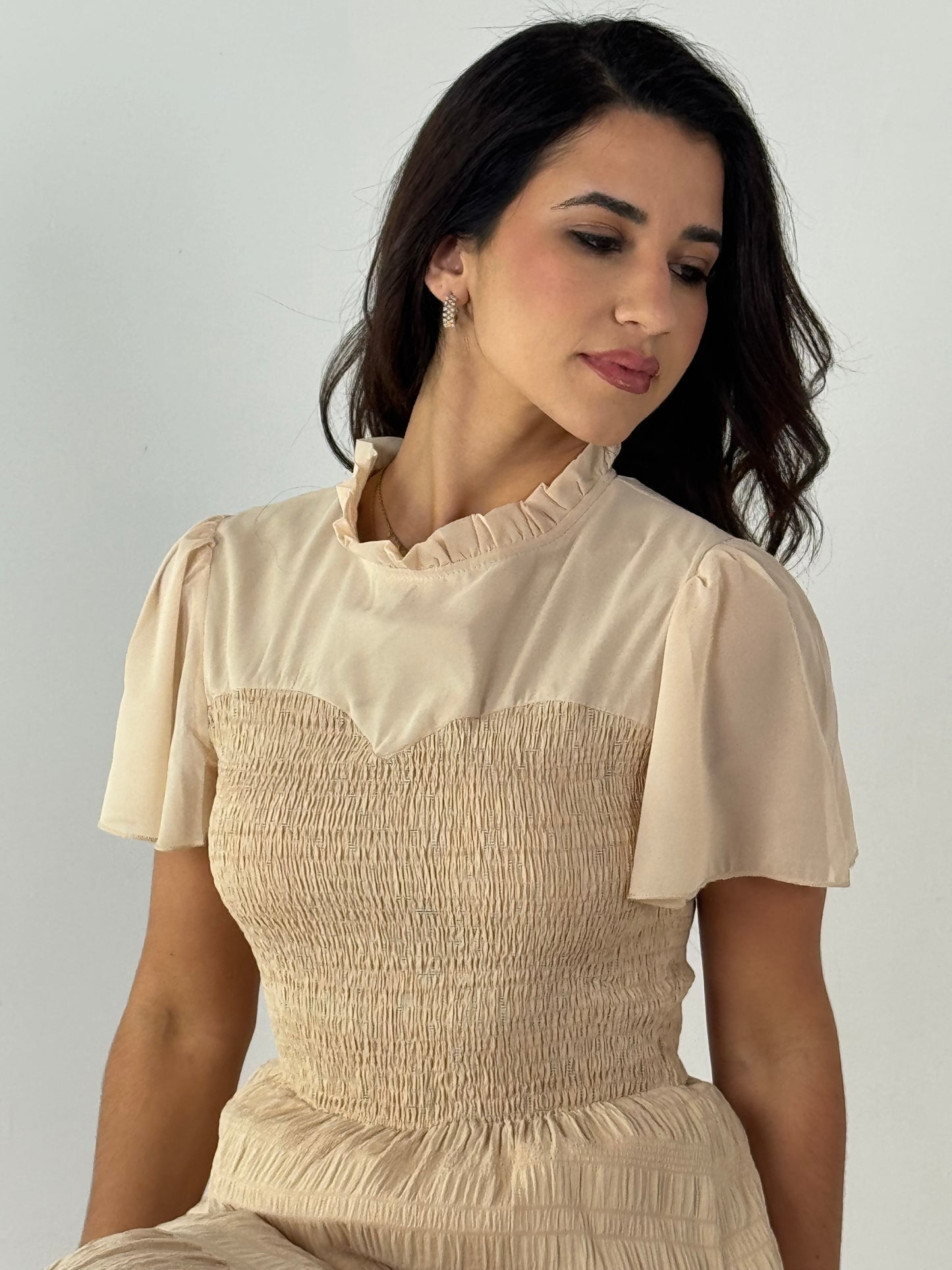 Ruffle Sleeve and Hem Top Shirred Crew Neck Dress - Khaki