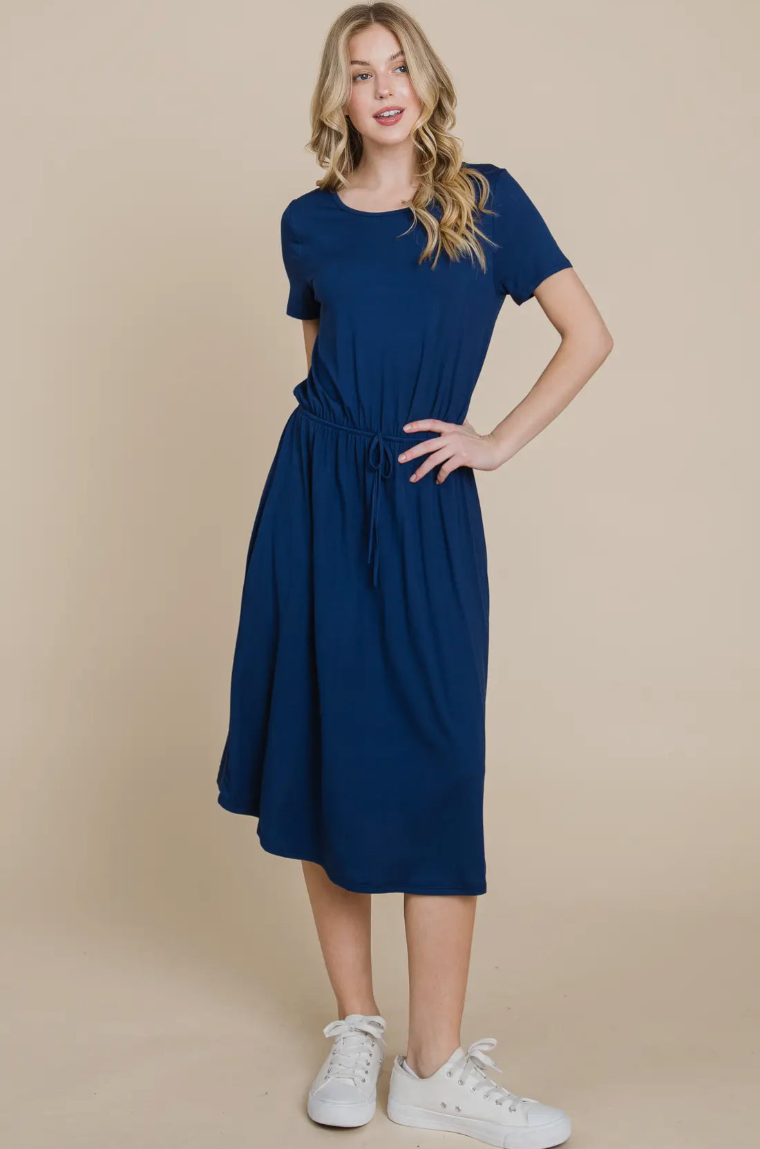 Solid Drawstring waist dress - Navy