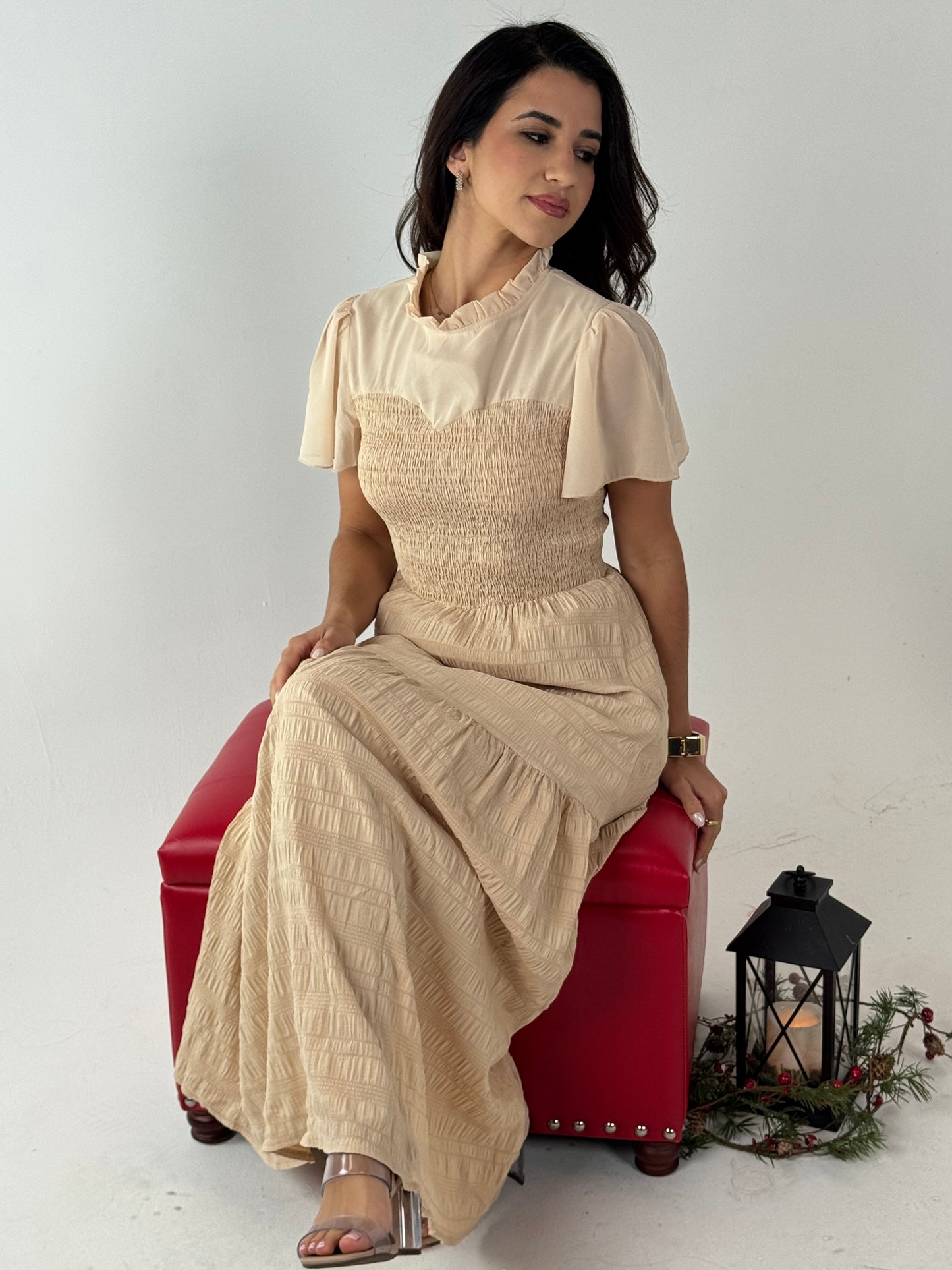 Ruffle Sleeve and Hem Top Shirred Crew Neck Dress - Khaki