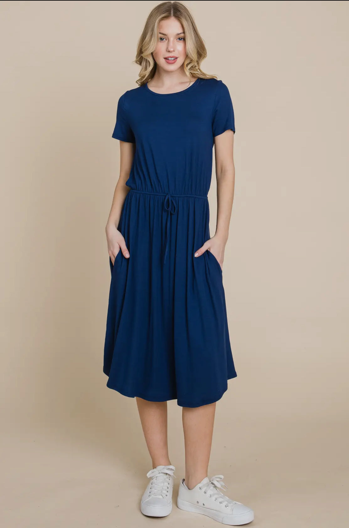 Solid Drawstring waist dress - Navy
