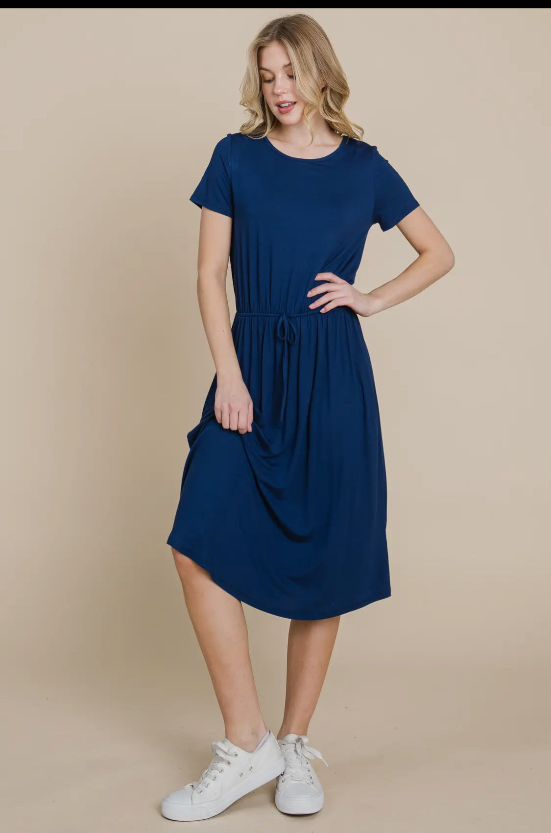 Solid Drawstring waist dress - Navy