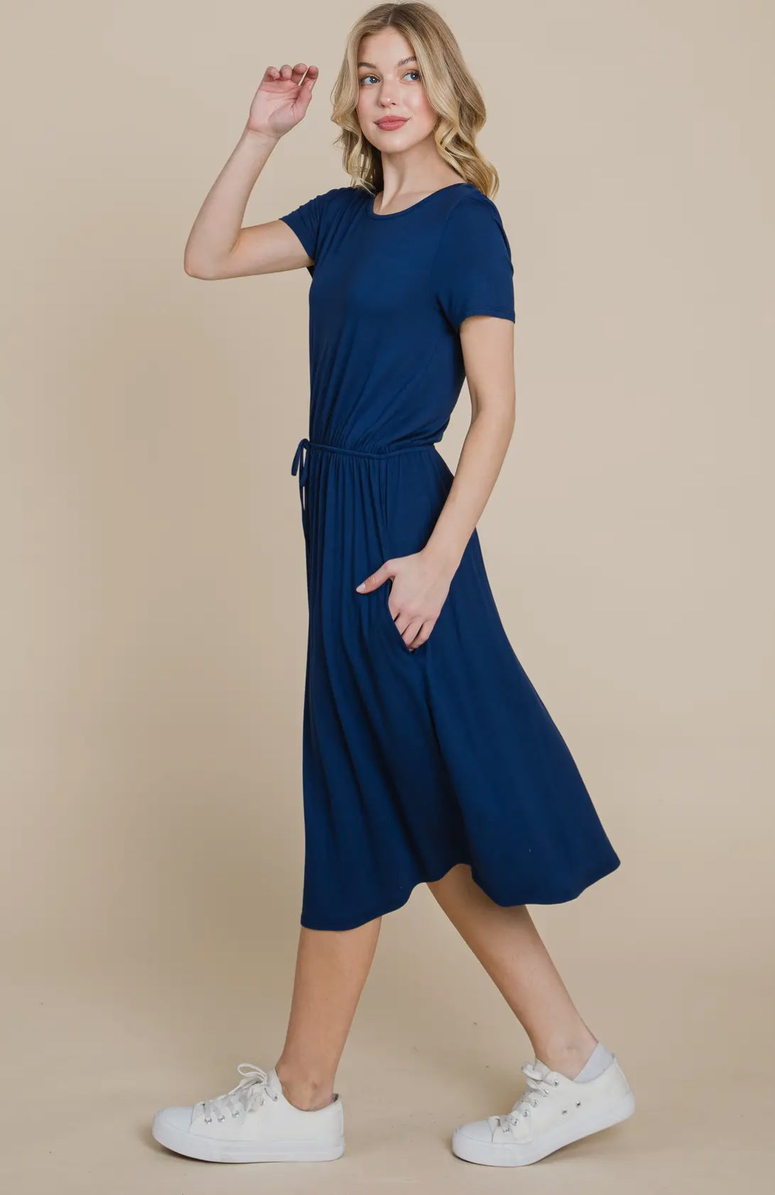 Solid Drawstring waist dress - Navy