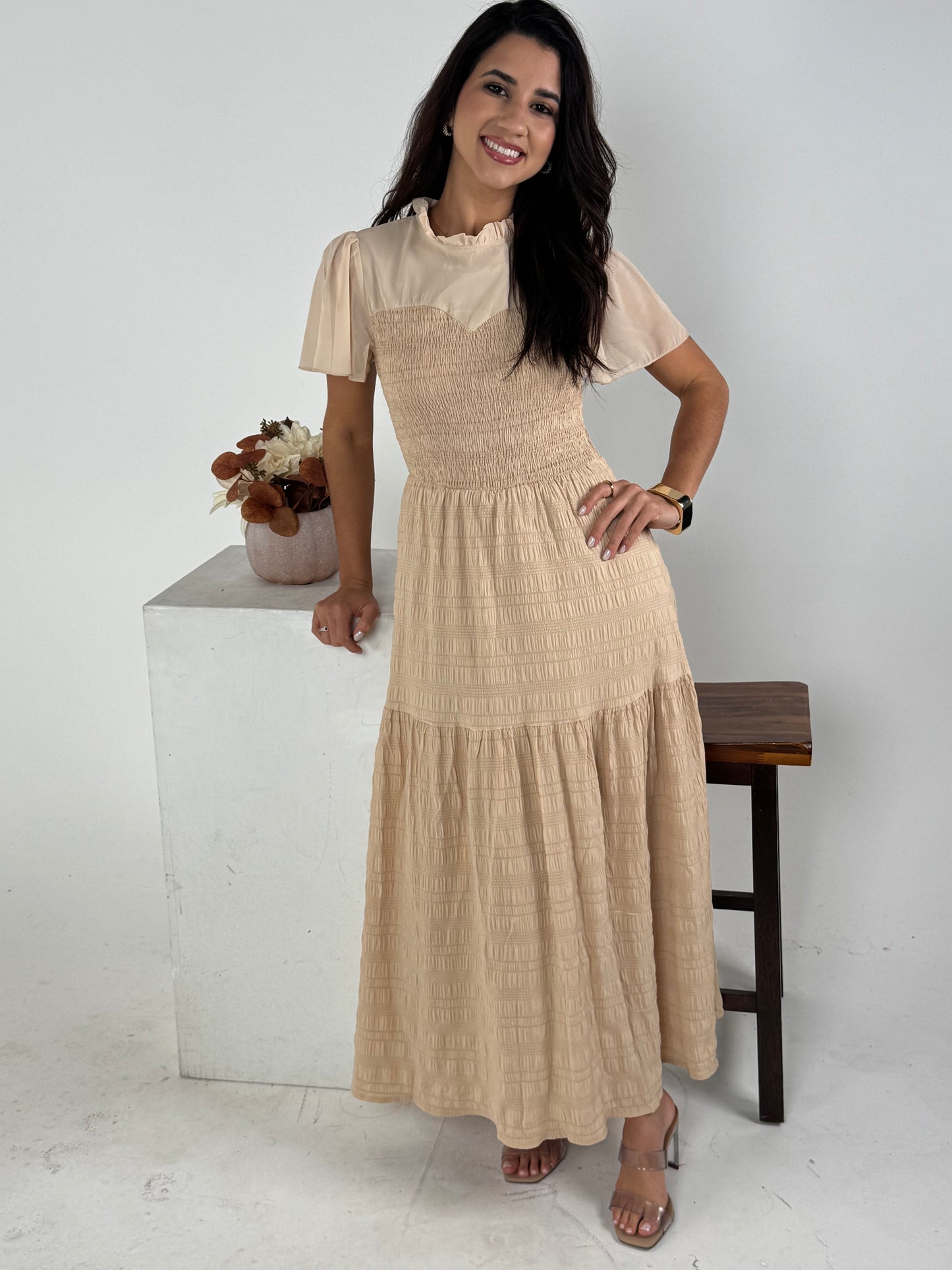 Ruffle Sleeve and Hem Top Shirred Crew Neck Dress - Khaki