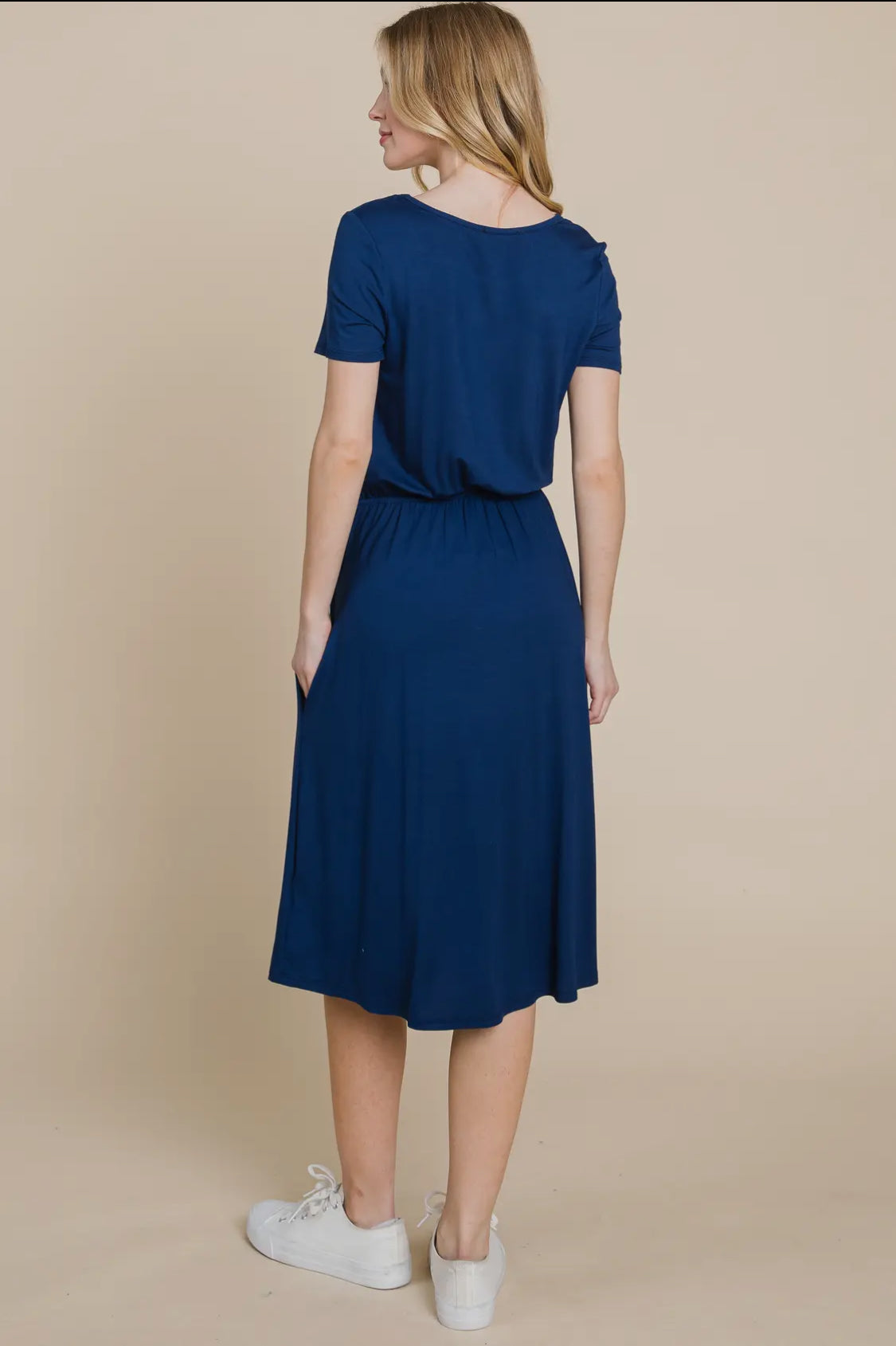 Solid Drawstring waist dress - Navy