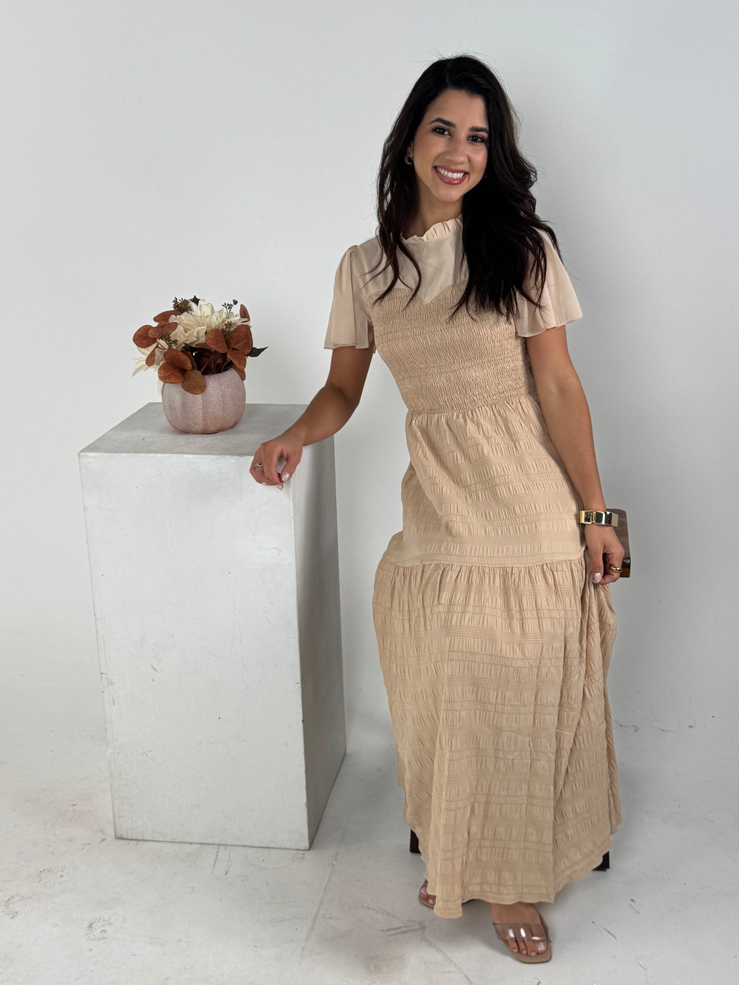 Ruffle Sleeve and Hem Top Shirred Crew Neck Dress - Khaki