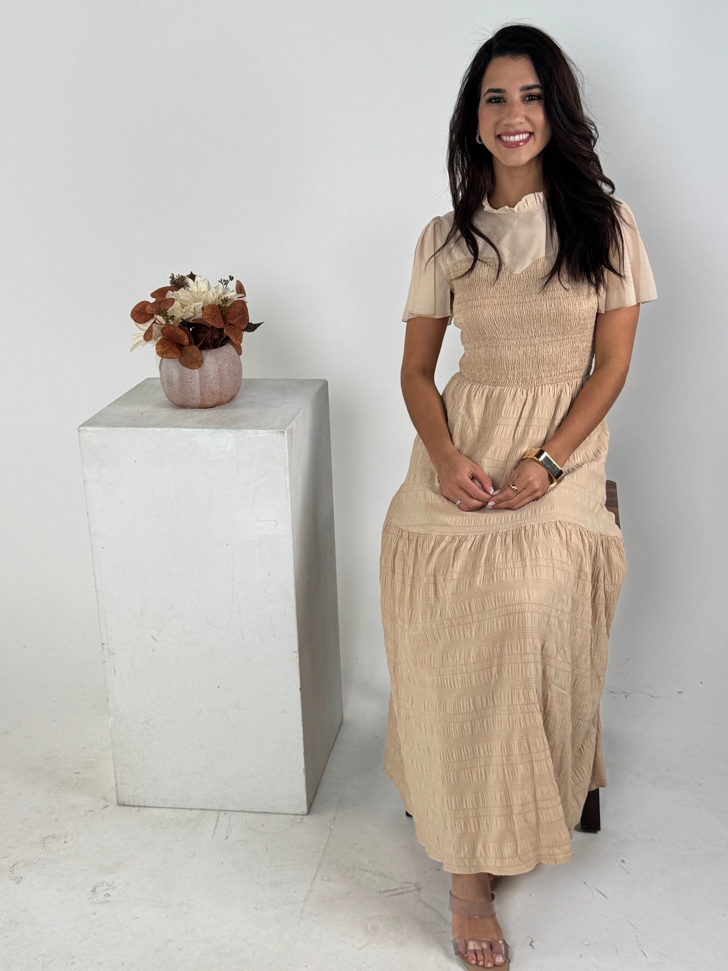 Ruffle Sleeve and Hem Top Shirred Crew Neck Dress - Khaki