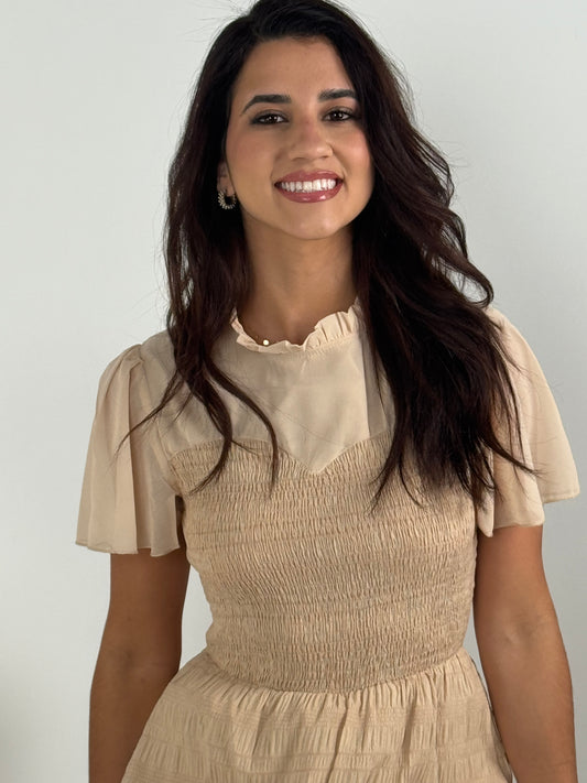 Ruffle Sleeve and Hem Top Shirred Crew Neck Dress - Khaki