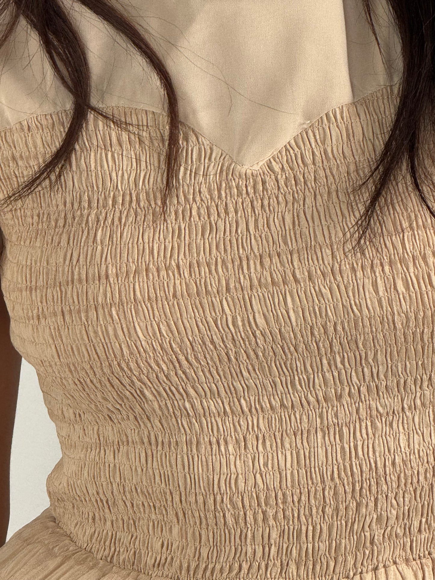 Ruffle Sleeve and Hem Top Shirred Crew Neck Dress - Khaki