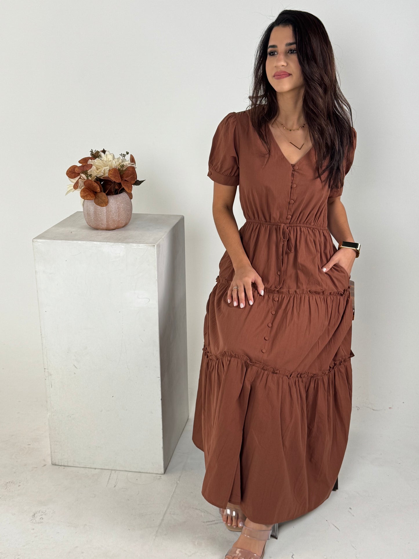 Short Sleeve Ruffle Tiered Maxi Dress - Nutshell
