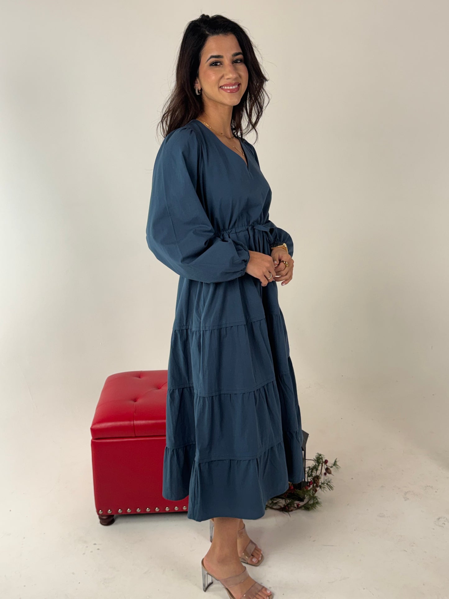 V Neck Waist Tie and Tiered Long Sleeve Maxi Dress - DK Denim