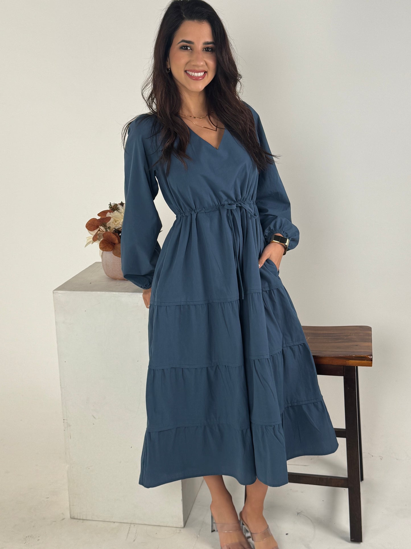 V Neck Waist Tie and Tiered Long Sleeve Maxi Dress - DK Denim