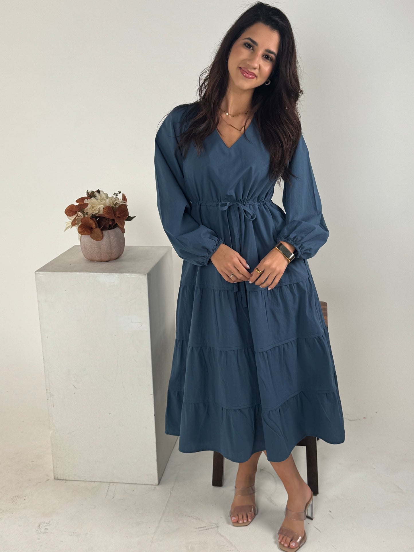 V Neck Waist Tie and Tiered Long Sleeve Maxi Dress - DK Denim