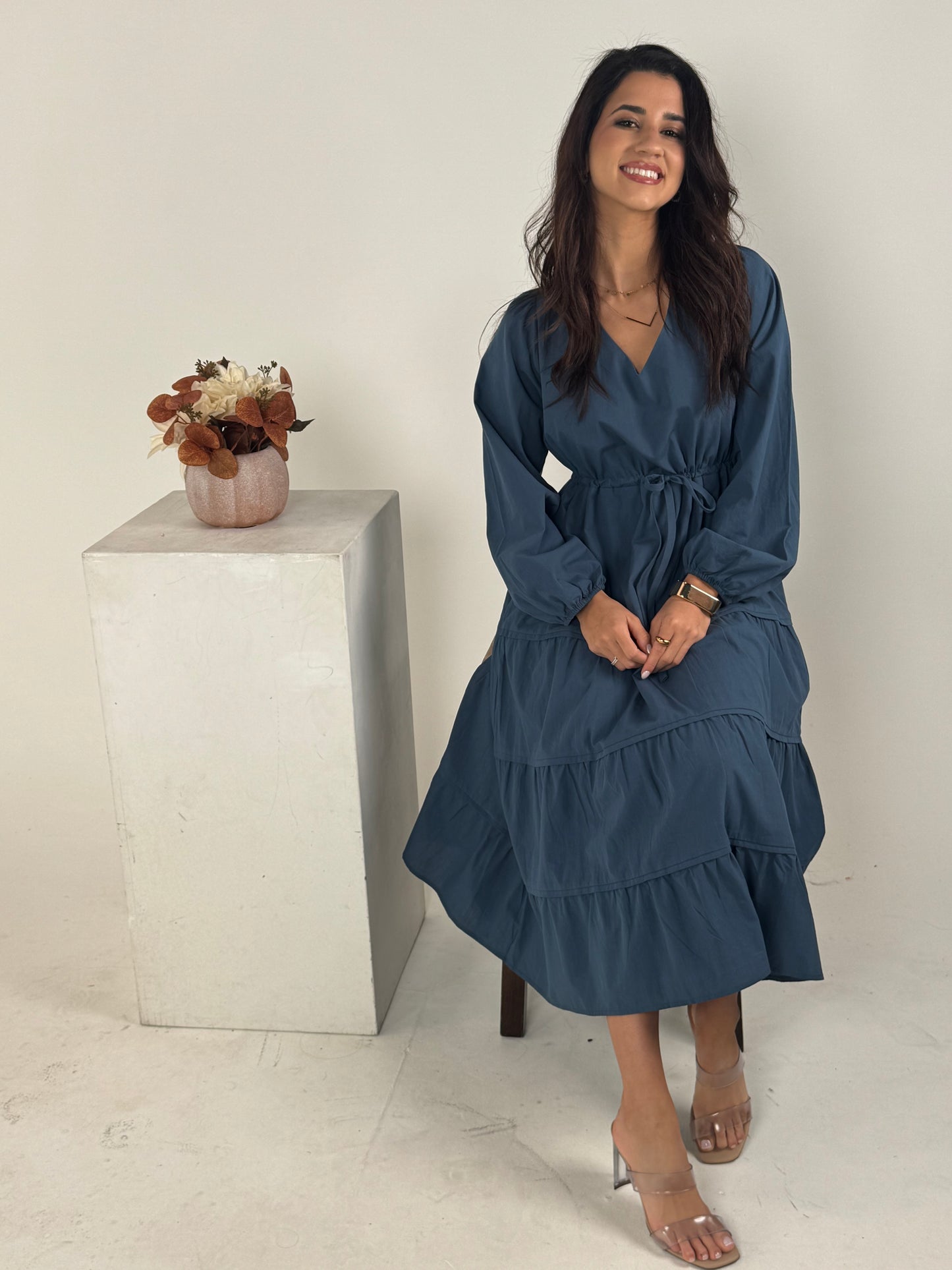 V Neck Waist Tie and Tiered Long Sleeve Maxi Dress - DK Denim