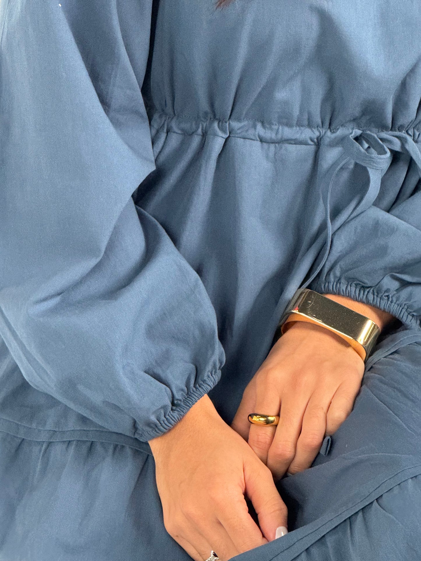 V Neck Waist Tie and Tiered Long Sleeve Maxi Dress - DK Denim