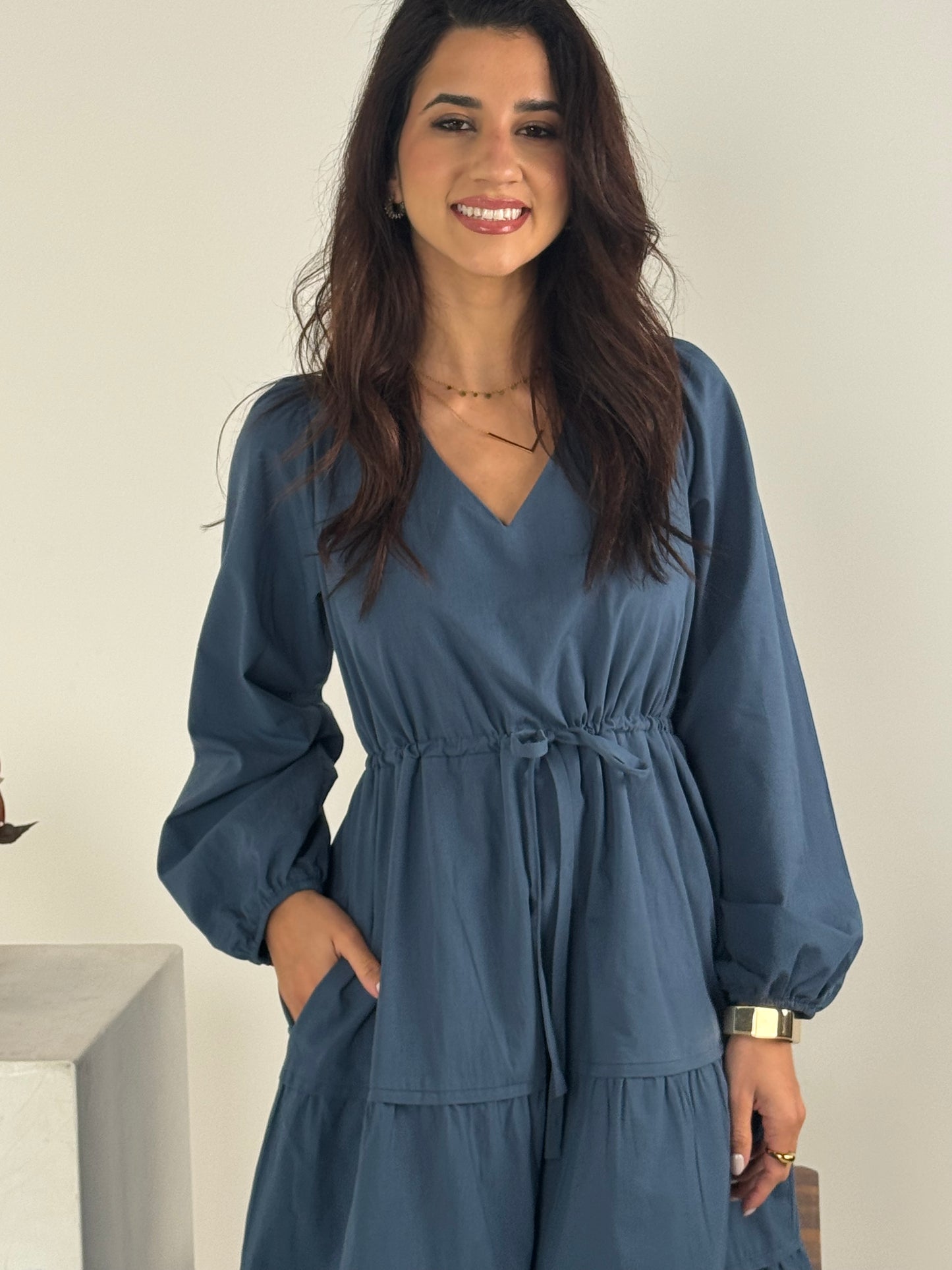 V Neck Waist Tie and Tiered Long Sleeve Maxi Dress - DK Denim