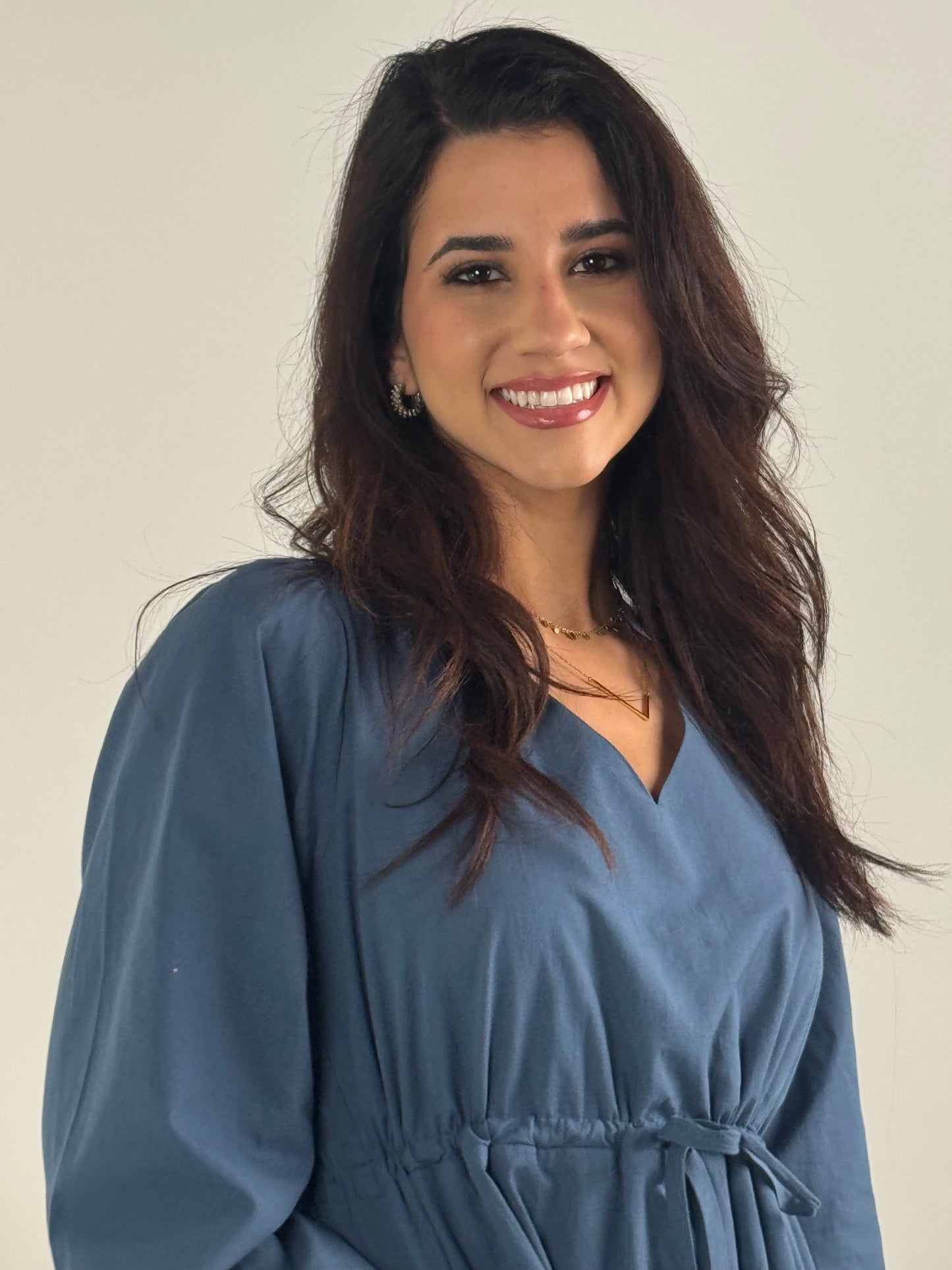 V Neck Waist Tie and Tiered Long Sleeve Maxi Dress - DK Denim