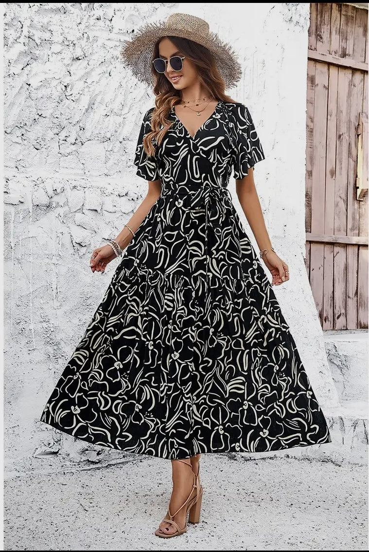 Allover Print V Neck Fit Belt A Line(Available in Black and Lt Green)