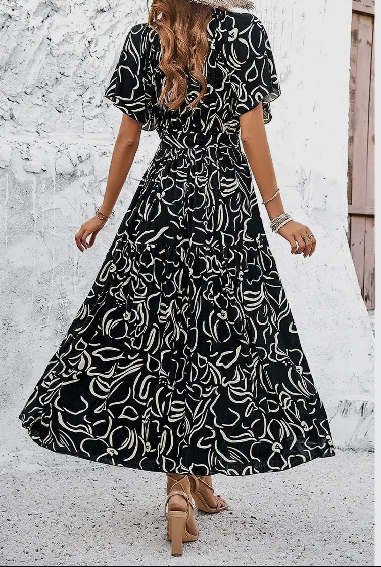 Allover Print V Neck Fit Belt A Line(Available in Black and Lt Green)