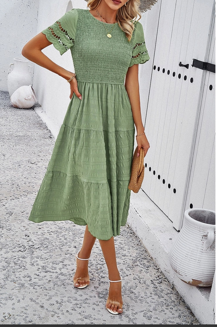 Lace Round Neck Ruched Fit Ruffle - Light Green